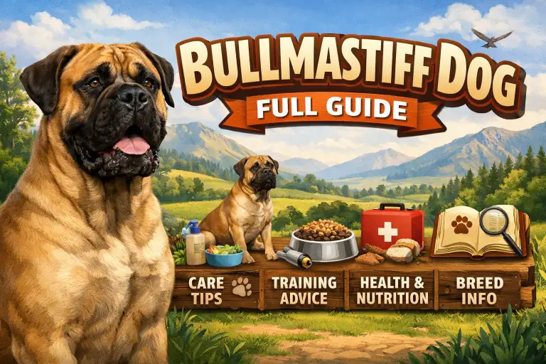 Bullmastiff dog breed standing outdoors, showing large muscular build, short coat, and calm guardian expression