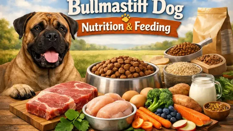 Bullmastiff dog eating from a bowl, showing proper nutrition and feeding for a large, muscular breed
