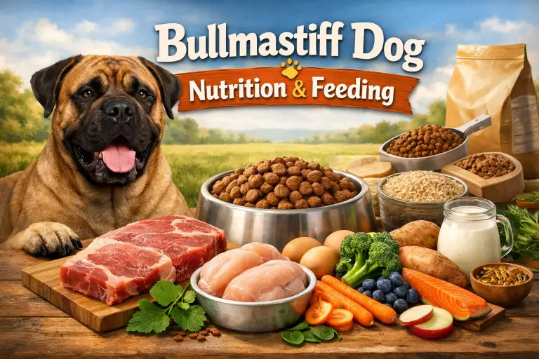 Bullmastiff dog eating from a bowl, showing proper nutrition and feeding for a large, muscular breed