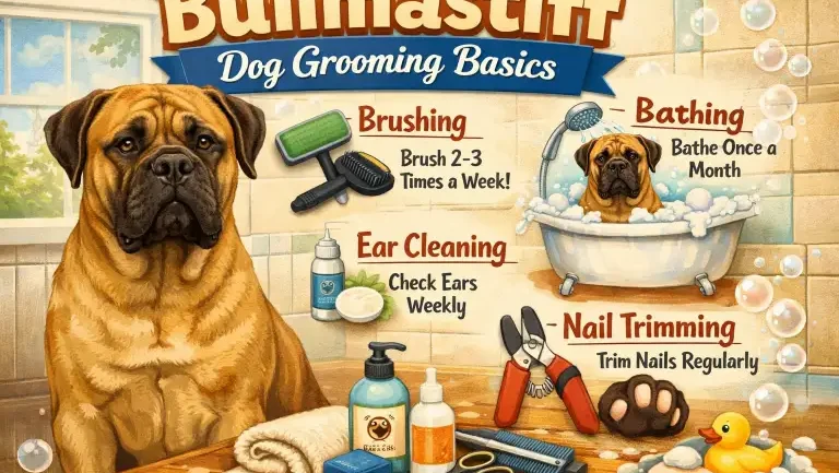 Bullmastiff grooming showing a large short-haired Bullmastiff being brushed at home