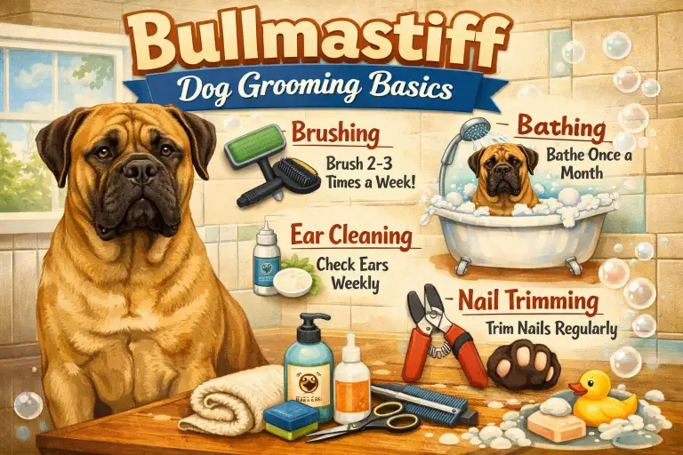 Bullmastiff grooming showing a large short-haired Bullmastiff being brushed at home