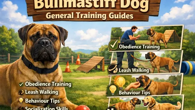 Adult bullmastiff dog calmly sitting during basic obedience training with owner