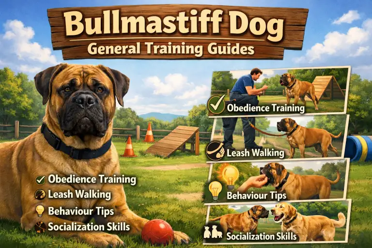 Adult bullmastiff dog calmly sitting during basic obedience training with owner