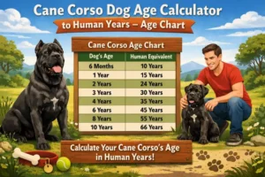 Cane Corso puppy next to an adult dog to illustrate size, muscle development, and growth stages used in a Cane Corso age-to-human-years chart.