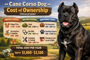 Cane Corso dog standing with its owner, representing financial responsibilities such as training, feeding, veterinary care, and ownership of a large guardian breed.