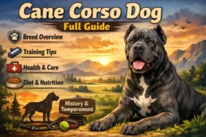 Muscular Cane Corso dog standing confidently outdoors, showing the breed’s athletic build, broad head, short coat, and protective posture in black and gray coloring.
