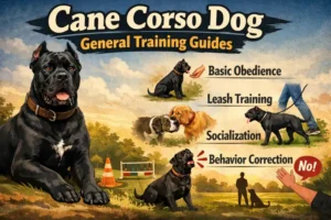 Cane Corso dog focused during obedience training, highlighting the breed’s intelligence, strength, and controlled temperament in a structured environment.
