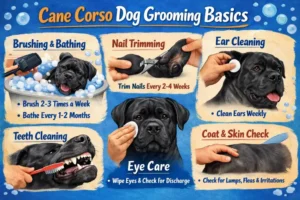 Short-coated Cane Corso dog being brushed, showing the breed’s dense coat, muscular frame, and simple grooming requirements.