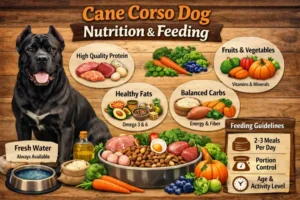 Adult Cane Corso dog eating from a bowl, illustrating proper nutrition, portion size, and muscle-supporting diet for a powerful working breed.