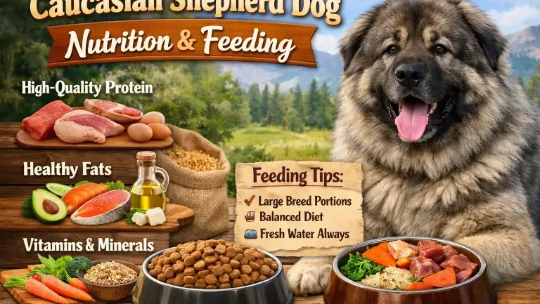 Large Caucasian Shepherd Dog resting near feeding area, displaying muscular build and heavy coat