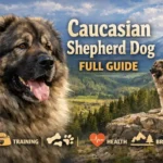 Massive Caucasian Shepherd Dog with a thick coat standing alert in a mountainous landscape