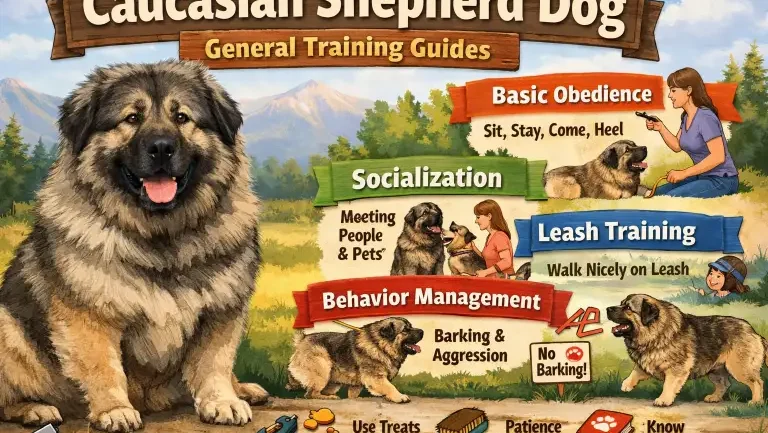 Caucasian Shepherd Dog responding to its handler during structured training outdoors