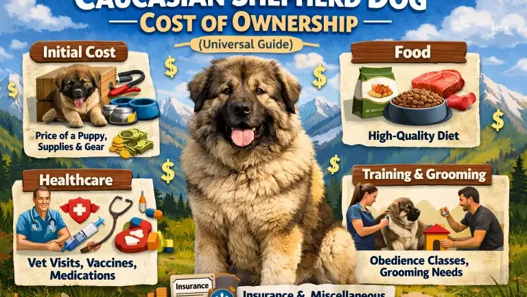 Adult Caucasian Shepherd Dog standing guard in an open rural property