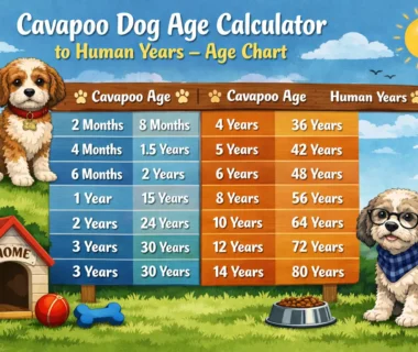 Cavapoo age conversion chart showing Cavapoo years to human years for puppy, adult, and senior stages.