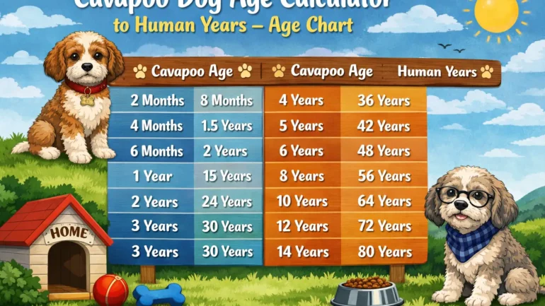 Cavapoo age conversion chart showing Cavapoo years to human years for puppy, adult, and senior stages.