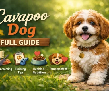 A friendly and affectionate Cavapoo dog with a curly coat, sitting happily in a home environment, showing its playful and social nature.