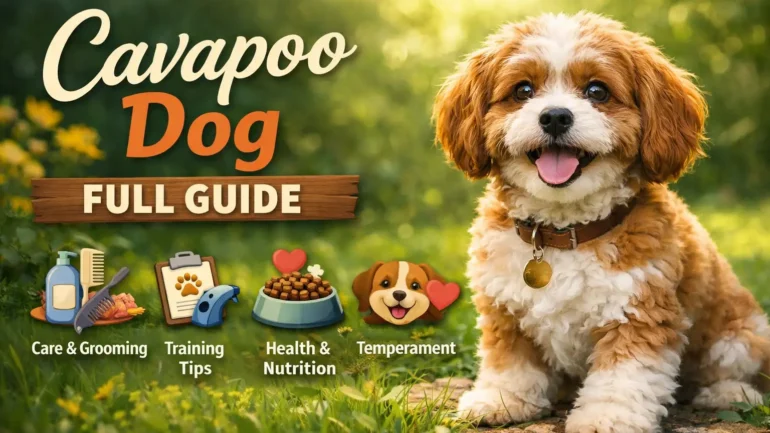 A friendly and affectionate Cavapoo dog with a curly coat, sitting happily in a home environment, showing its playful and social nature.