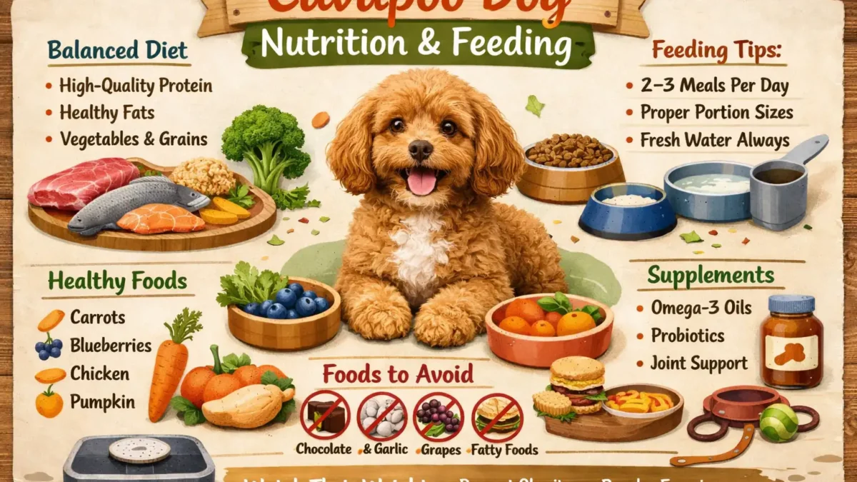 Cavapoo dog eating a healthy meal, with a balanced diet that supports their coat, energy, and overall health.