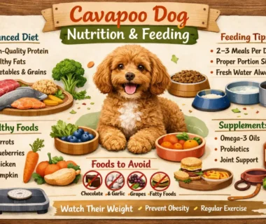 Cavapoo dog eating a healthy meal, with a balanced diet that supports their coat, energy, and overall health.
