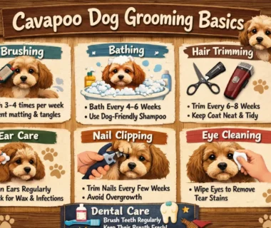 A Cavapoo dog being brushed, showing its curly coat and the grooming process.