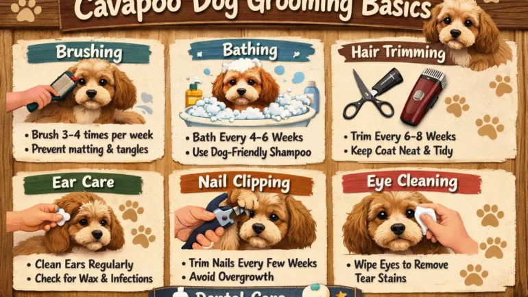 A Cavapoo dog being brushed, showing its curly coat and the grooming process.