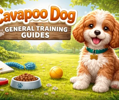 A Cavapoo dog learning basic obedience commands like sit and stay during training, with a happy expression.