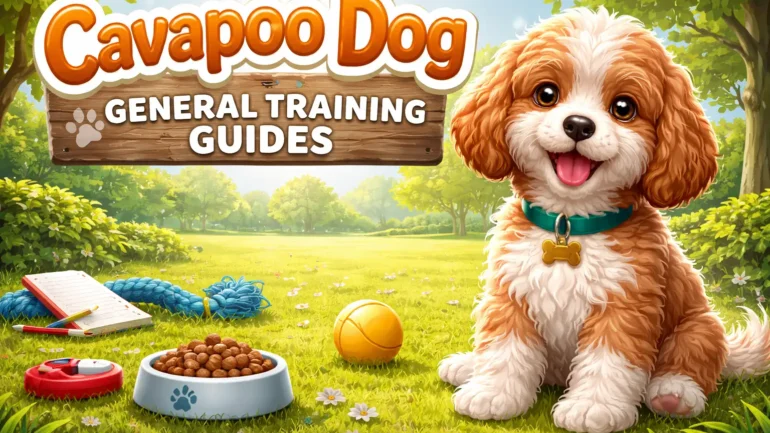 A Cavapoo dog learning basic obedience commands like sit and stay during training, with a happy expression.