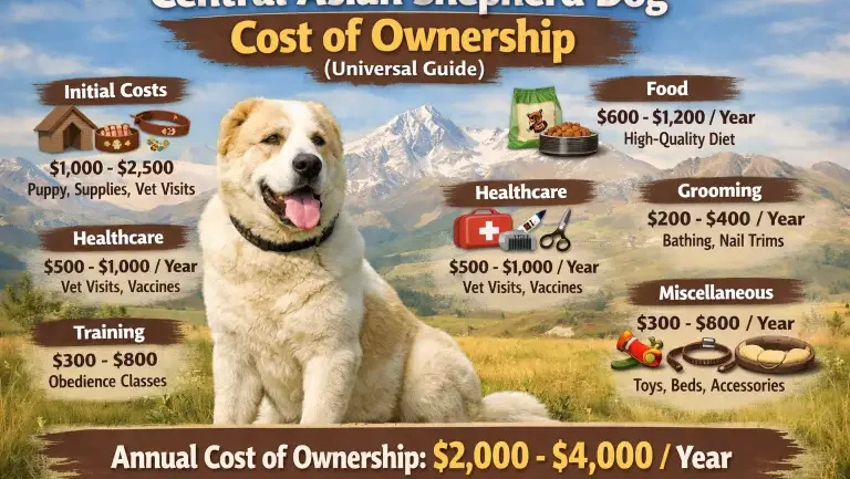Central Asian Shepherd dog resting in a rural setting, representing space, feeding, and long-term care costs for the breed