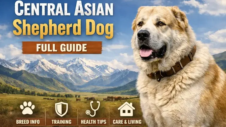 Large Central Asian Shepherd dog with a thick coat standing outdoors, showing the breed’s powerful build, guardian stance, and dense fur