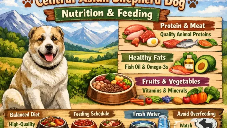 Large Central Asian Shepherd dog eating from a sturdy bowl, reflecting nutritional needs of a massive working guardian breed
