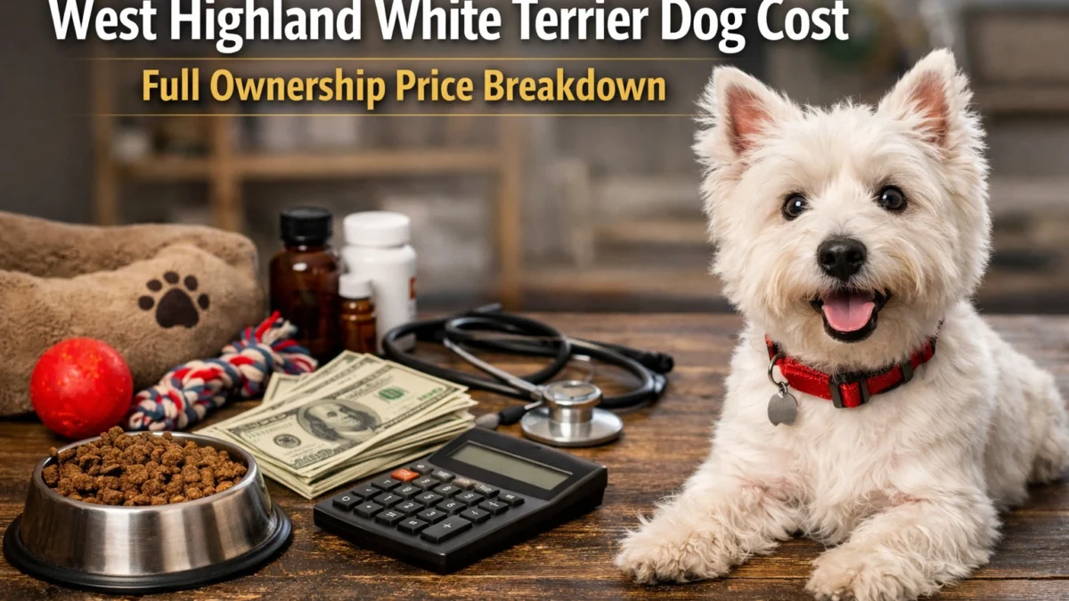 West highland white terrier dog sitting next to pet supplies and money items, showing the cost of owning and caring for a westie