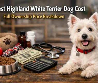 West highland white terrier dog sitting next to pet supplies and money items, showing the cost of owning and caring for a westie