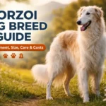 Adult Borzoi dog breed standing outdoors, showing tall size, long legs, silky coat, and calm, elegant posture