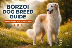 Adult Borzoi dog breed standing outdoors, showing tall size, long legs, silky coat, and calm, elegant posture