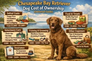 Chesapeake Bay Retriever dog with outdoor and care gear, representing long-term ownership and maintenance costs