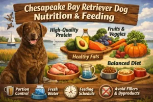 Chesapeake Bay Retriever dog eating a meal, supporting energy needs of a strong working retriever