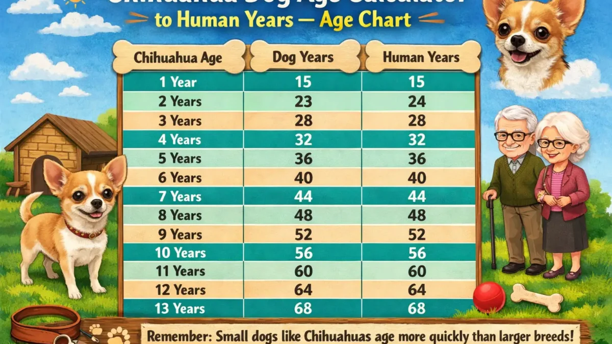 Chihuahua age calculator showing a small Chihuahua dog with age stages from puppy to senior compared to human years