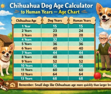 Chihuahua age calculator showing a small Chihuahua dog with age stages from puppy to senior compared to human years