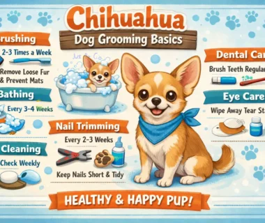 Chihuahua dog grooming showing a small Chihuahua being gently brushed at home