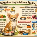 Small Chihuahua eating measured dog food with feeding guidelines and nutrition chart for portion control