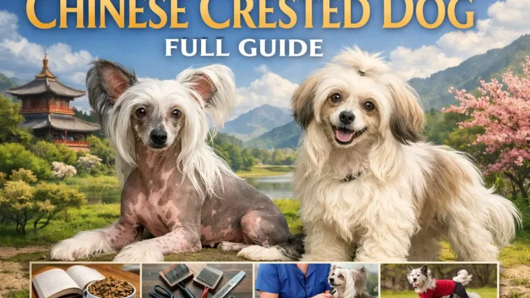 Chinese Crested Dog standing outdoors, showing the breed’s small size, alert expression, and unique hairless appearance