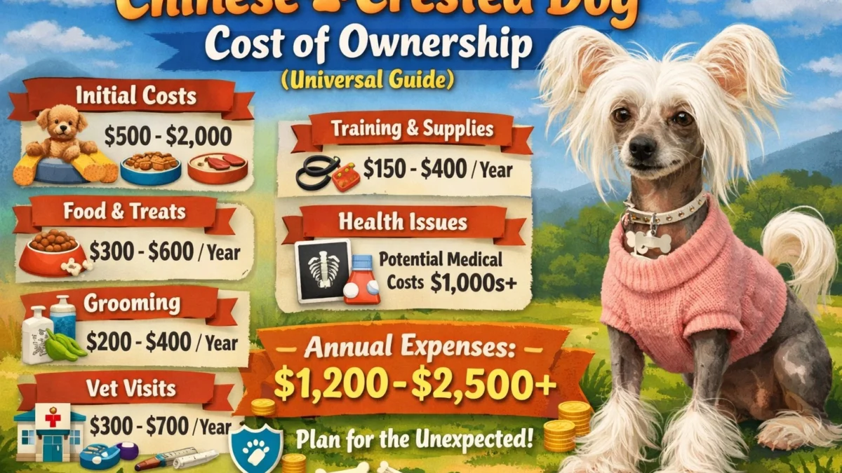 A hairless Chinese Crested dog standing outdoors, showing its small size, slim build, and distinctive hairless coat, representing the cost of ownership guide.
