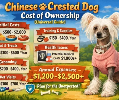 A hairless Chinese Crested dog standing outdoors, showing its small size, slim build, and distinctive hairless coat, representing the cost of ownership guide.