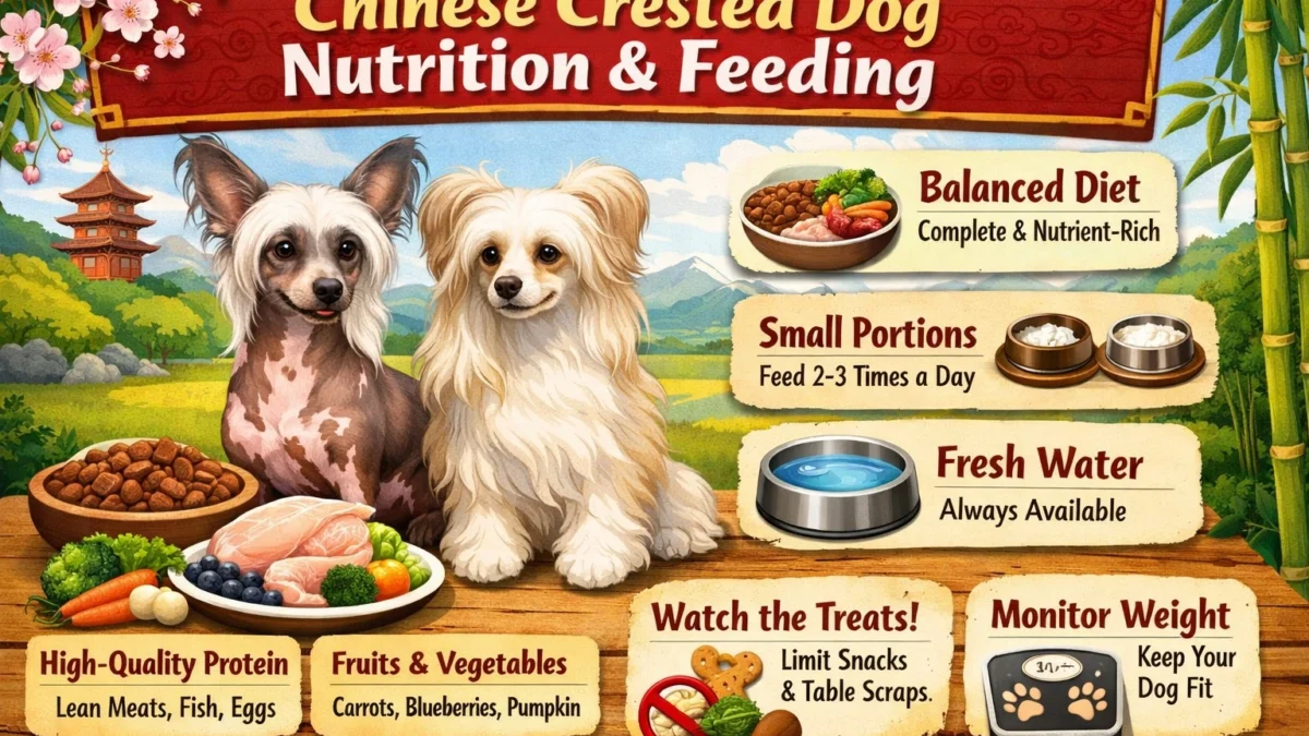 Chinese Crested dog eating healthy food, showing hairless skin and small body size in a home setting