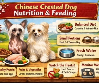 Chinese Crested dog eating healthy food, showing hairless skin and small body size in a home setting