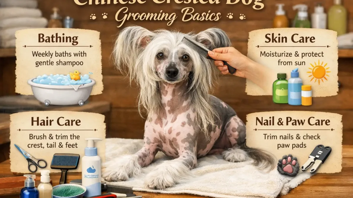 Chinese Crested grooming showing a hairless and Powderpuff dog during a gentle home grooming routine