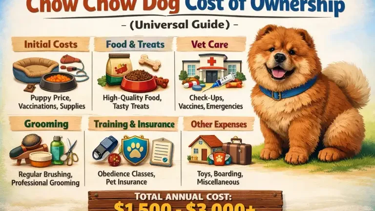 Chow Chow relaxing at home with owner, representing grooming and care expenses
