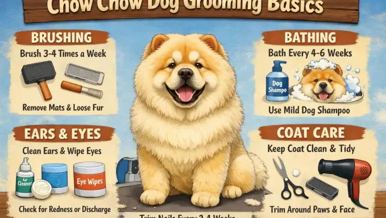 Chow Chow being groomed, showing thick double coat and brushing routine