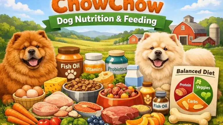 Chow Chow eating from bowl with portion-controlled balanced diet