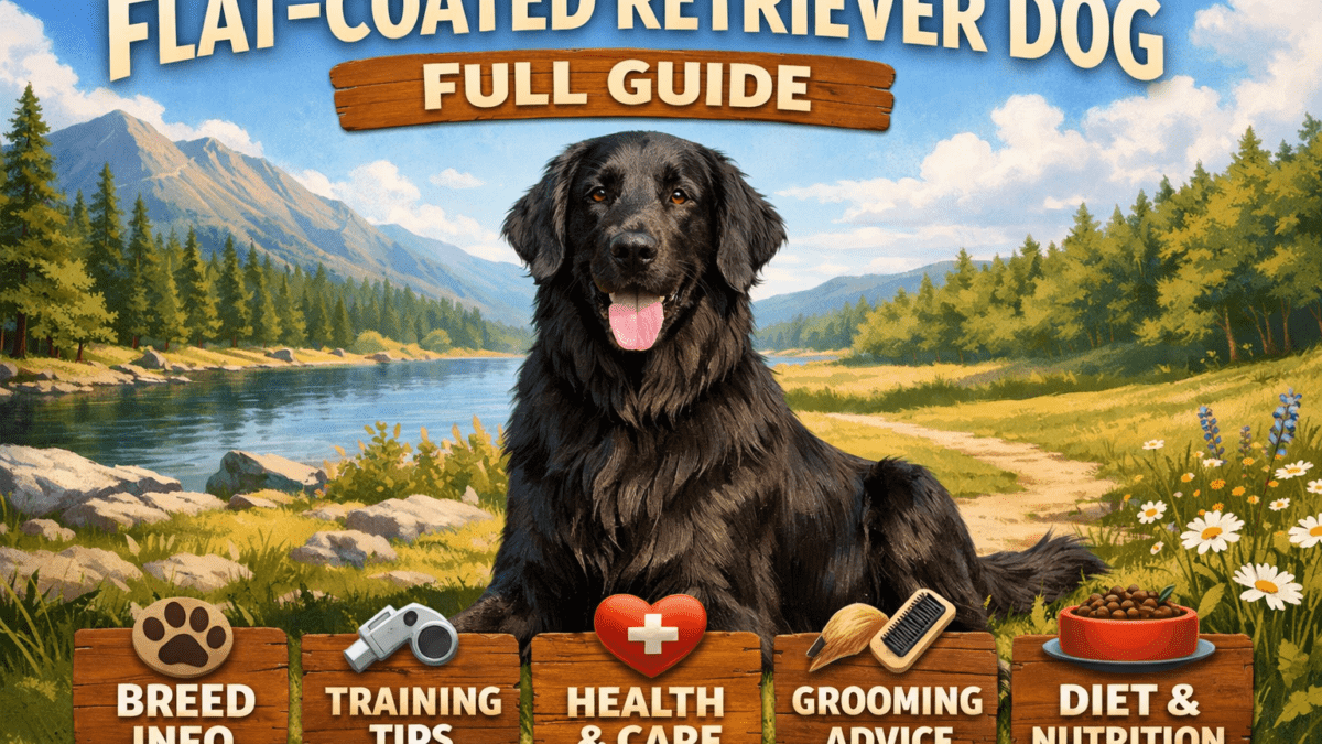 Adult Flat-Coated Retriever standing on grass, showing shiny black coat and athletic build